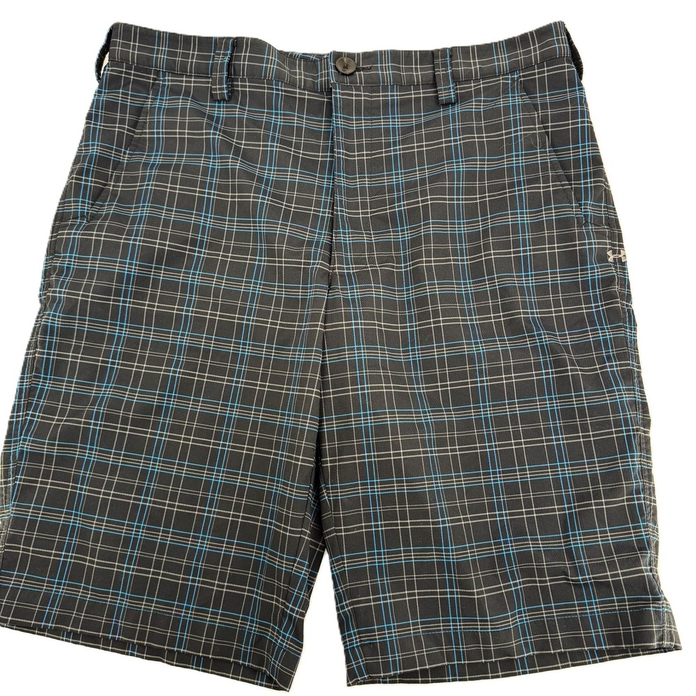 Under Armour Mens Plaid Golf Shorts Black‎ Blue Checkered Size 36 12" 1236345